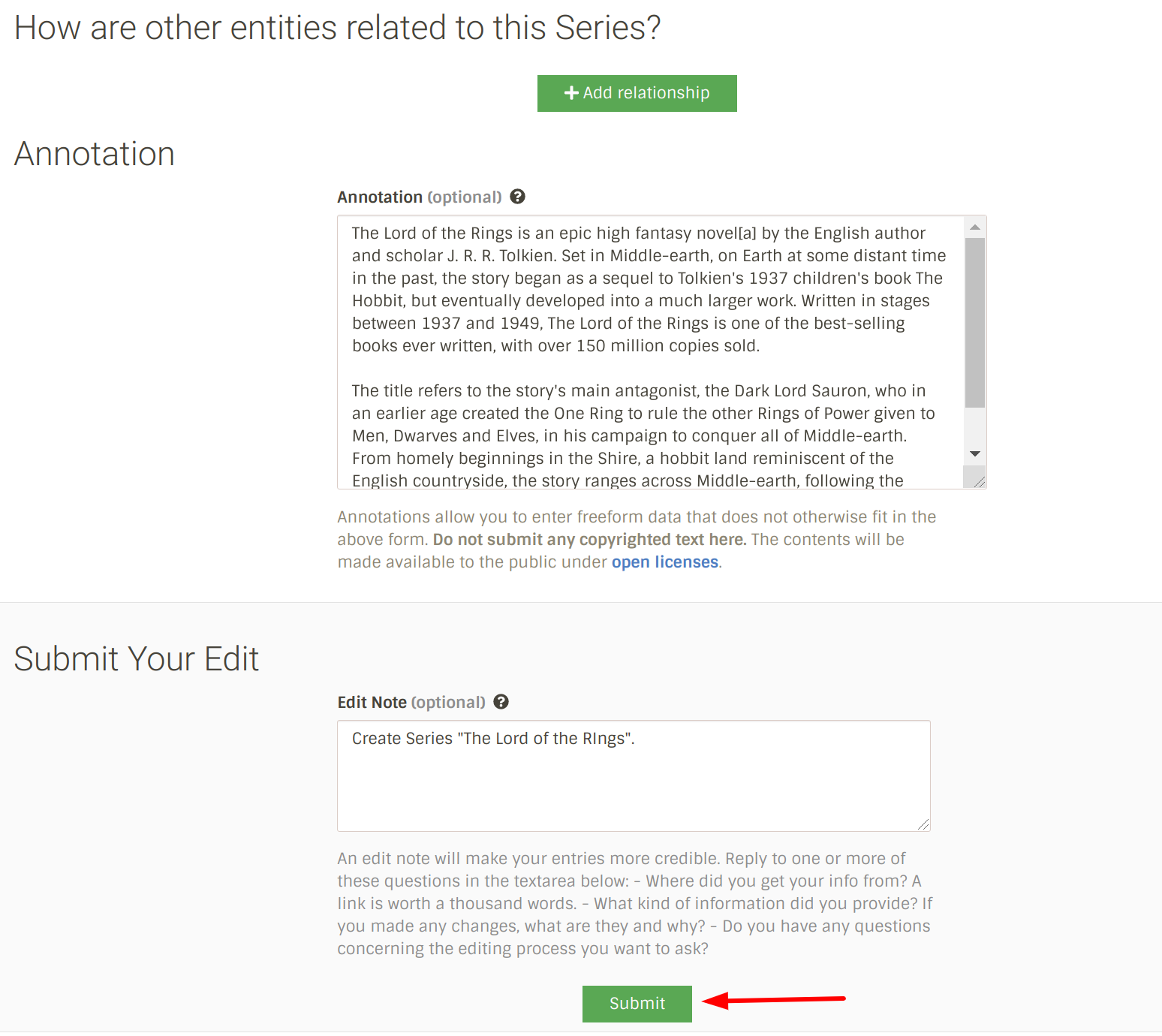 series relationship and annotation